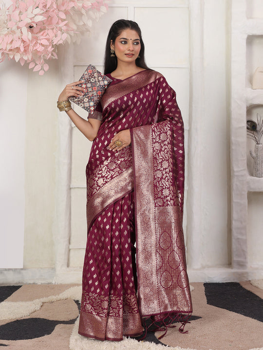 Wine Lichi Silk Saree With Blouse Piece Wine Lichi Silk Saree With Blouse Piece