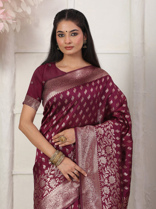 Wine Lichi Silk Saree With Blouse Piece Wine Lichi Silk Saree With Blouse Piece