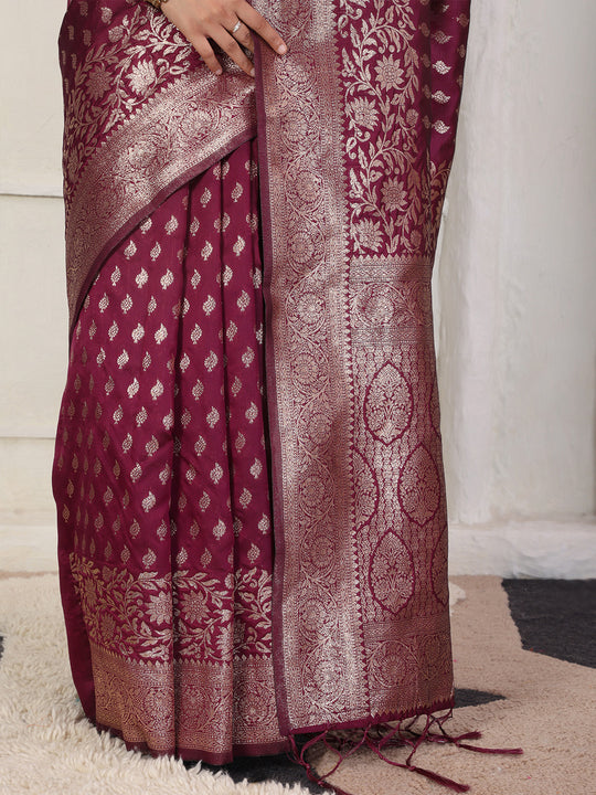 Wine Lichi Silk Saree With Blouse Piece Wine Lichi Silk Saree With Blouse Piece