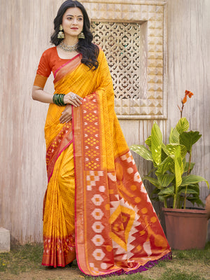 Mustard Yellow Pochampalli Silk Saree With Blouse Piece