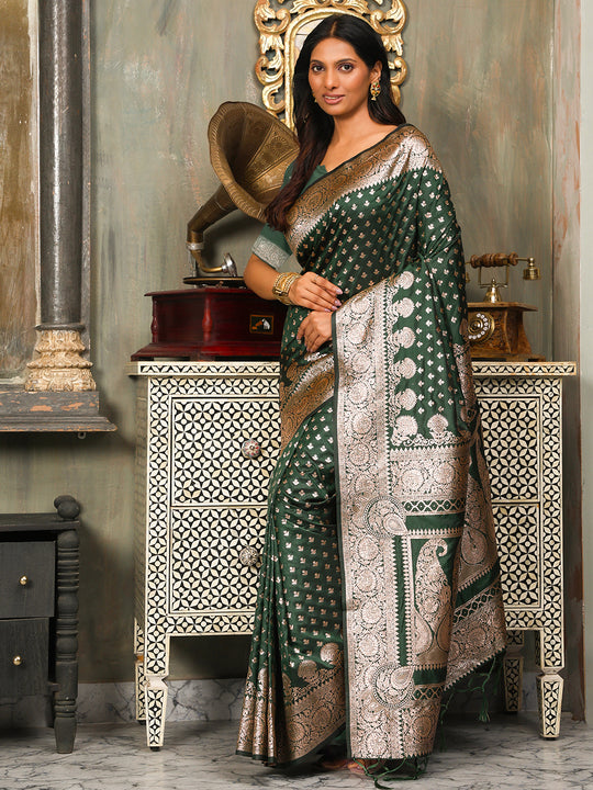 Dark Green Banarasi Silk Saree With Blouse Piece Dark Green Banarasi Silk Saree With Blouse Piece