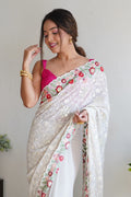 White Georgette Saree With Blouse Piece White Georgette Saree With Blouse Piece