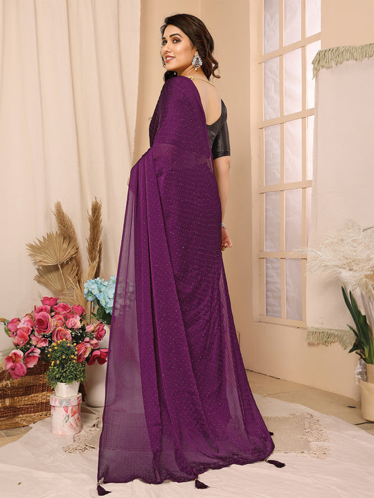 Purple Satin Chiffon Saree With Blouse Piece Purple Satin Chiffon Saree With Blouse Piece