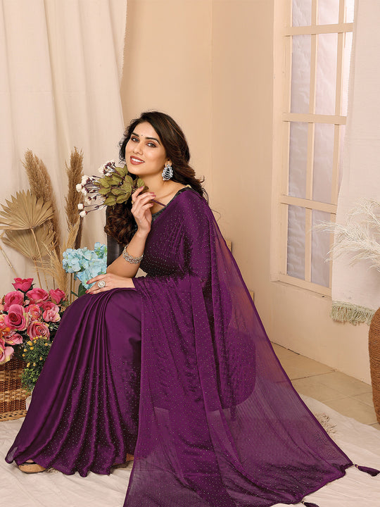 Purple Satin Chiffon Saree With Blouse Piece Purple Satin Chiffon Saree With Blouse Piece