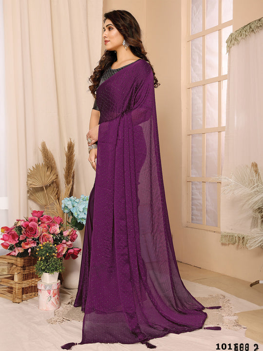 Purple Satin Chiffon Saree With Blouse Piece Purple Satin Chiffon Saree With Blouse Piece
