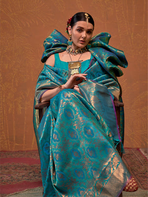 Sea-Blue Handloom Weaving Silk Saree With Blouse Piece