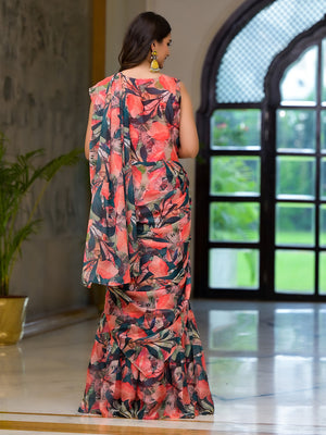 Peach Georgette Ready Made Saree