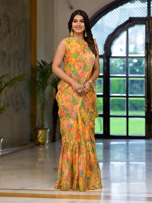 Yellow Georgette Ready Made Saree