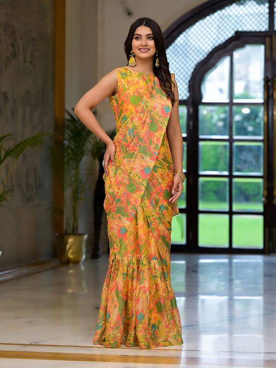 Yellow Georgette Ready Made Saree Yellow Georgette Ready Made Saree