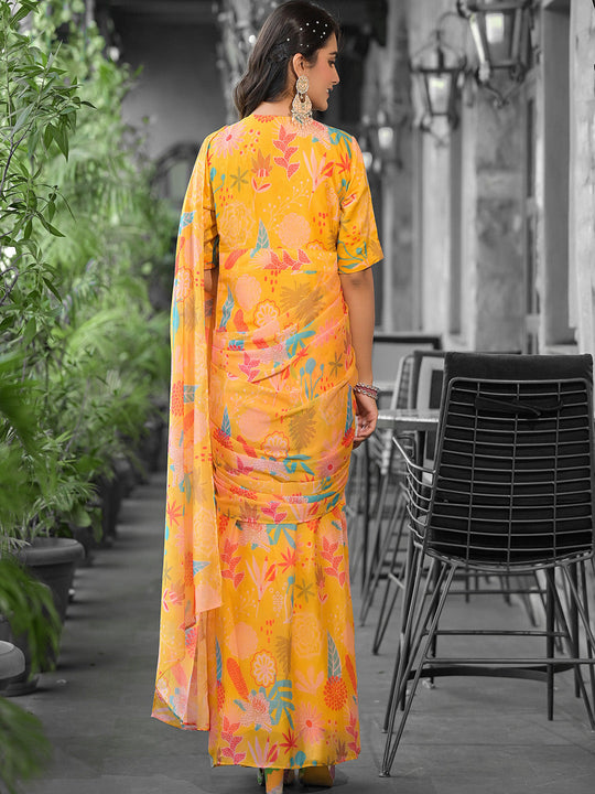 Yellow Georgette Ready To Wear Saree Yellow Georgette Ready To Wear Saree