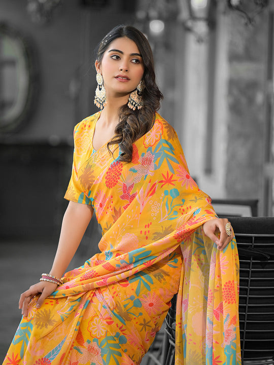 Yellow Georgette Ready To Wear Saree Yellow Georgette Ready To Wear Saree