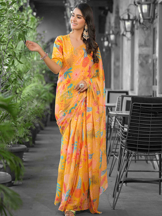 Yellow Georgette Ready To Wear Saree Yellow Georgette Ready To Wear Saree