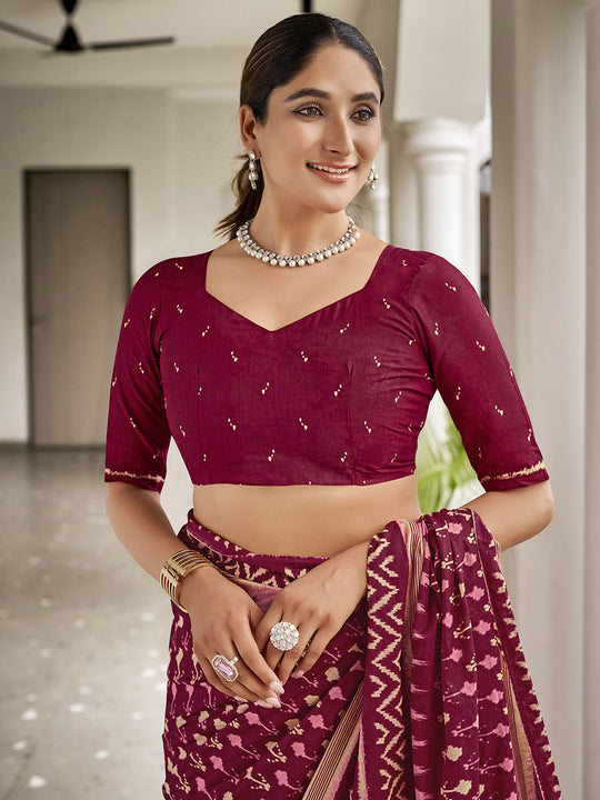 Maroon  Mulmul Cottons Saree With Blouse Piece Maroon  Mulmul Cottons Saree With Blouse Piece