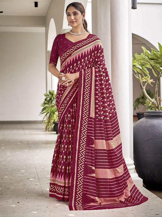 Maroon  Mulmul Cottons Saree With Blouse Piece Maroon  Mulmul Cottons Saree With Blouse Piece