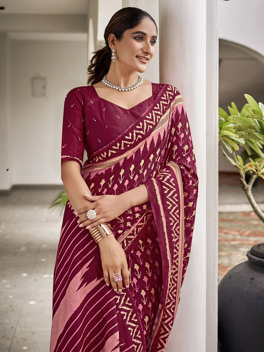 Maroon  Mulmul Cottons Saree With Blouse Piece Maroon  Mulmul Cottons Saree With Blouse Piece