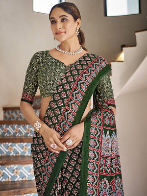 Multi Colour Mulmul Cottons Saree With Blouse Piece