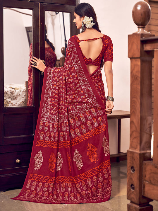 Red Mulmul Cottons Saree With Blouse Piece Red Mulmul Cottons Saree With Blouse Piece