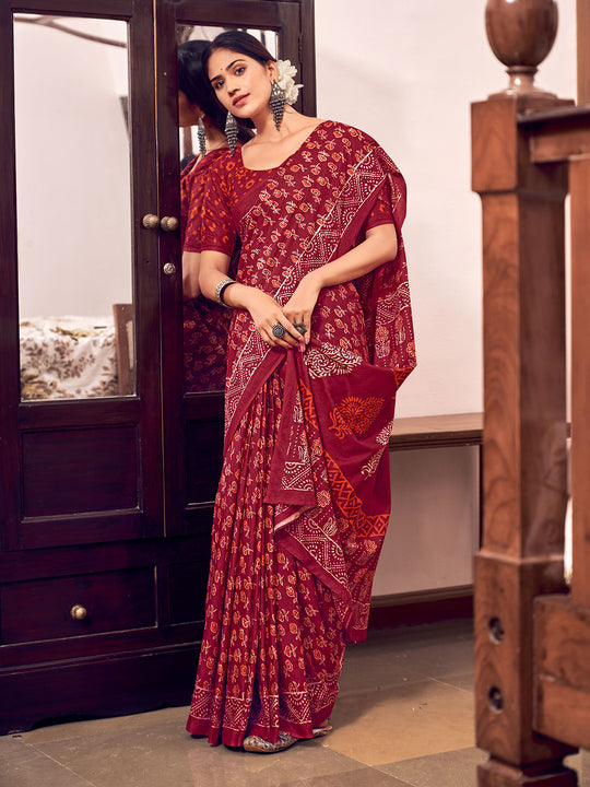 Red Mulmul Cottons Saree With Blouse Piece Red Mulmul Cottons Saree With Blouse Piece