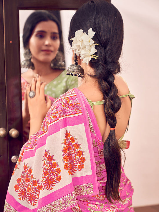 Pink Mulmul Cottons Saree With Blouse Piece Pink Mulmul Cottons Saree With Blouse Piece