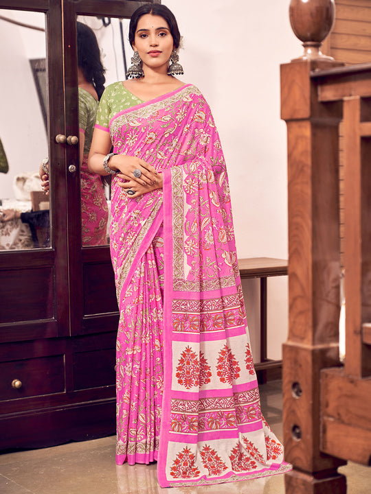 Pink Mulmul Cottons Saree With Blouse Piece Pink Mulmul Cottons Saree With Blouse Piece