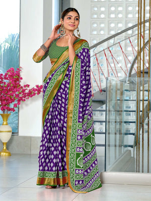 Purple Pure Cotton Mulmul Buti Hand Block Print With Hevay Zari Bodar Saree With Blouse Piece