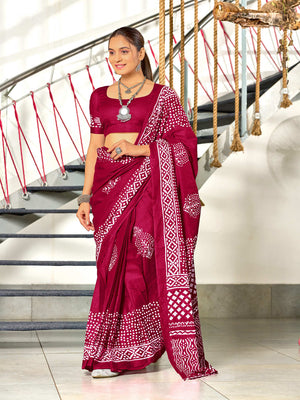 Red Batik Block Print Mulmul Cotton Saree With Blouse Piece