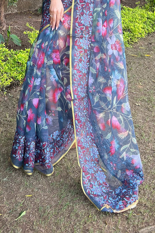 Green Organza Saree with Red Blouse Piece Green Organza Saree with Red Blouse Piece