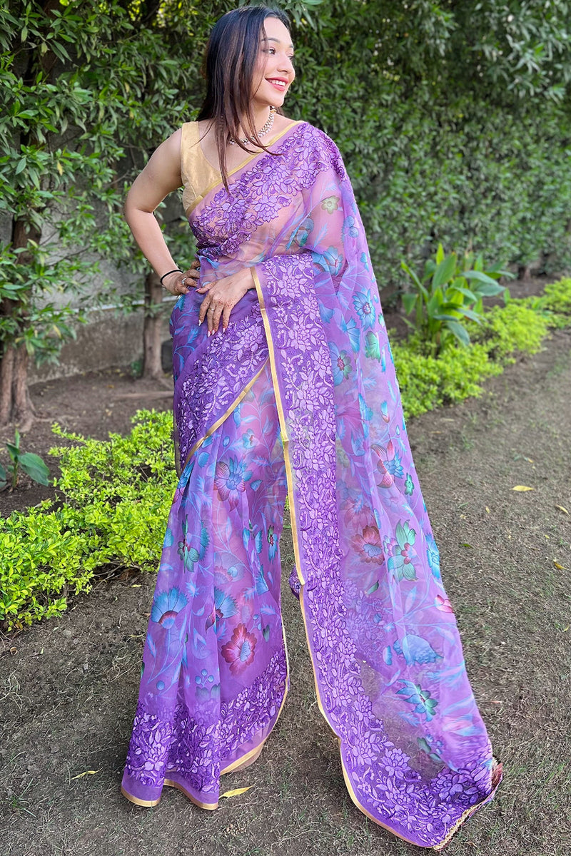 Purple Embroidered Organza Saree With Unstitched Blouse Piece main image 0