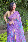 Purple Organza Saree with Beige Blouse Piece Purple Organza Saree with Beige Blouse Piece