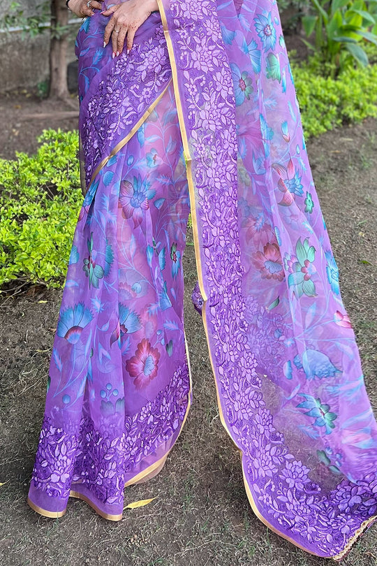 Purple Organza Saree with Beige Blouse Piece Purple Organza Saree with Beige Blouse Piece