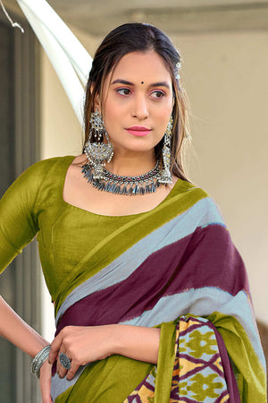 Mahendi Green Ikkat Print Mulmul Cotton Sarees Saree With Blouse Piece