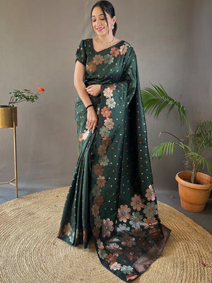 Bottle Green  Kanjivaram Silk Saree With Blouse Piece