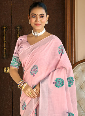 Dark Pink Linen Sarees With Blouse Piece