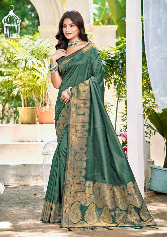 Dark Green Assam silk Sarees With Blouse Piece Dark Green Assam silk Sarees With Blouse Piece