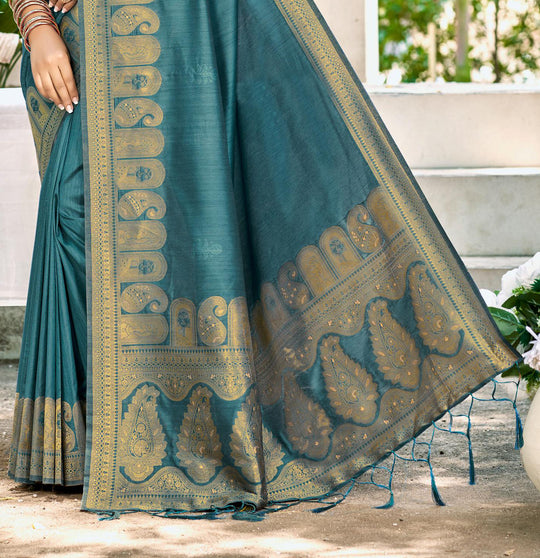 Turquoise Assam silk Sarees With Blouse Piece Turquoise Assam silk Sarees With Blouse Piece