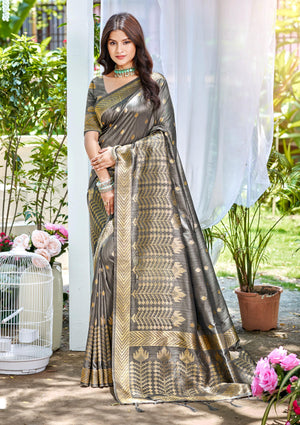 Grey Assam silk Sarees With Blouse Piece