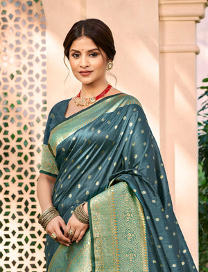 Dark Turquoise Assam silk Sarees With Blouse Piece