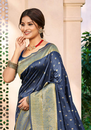 Navy Blue Assam silk Sarees With Blouse Piece