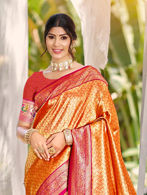 Multi Color kanjivaram silk Sarees With Blouse Piece