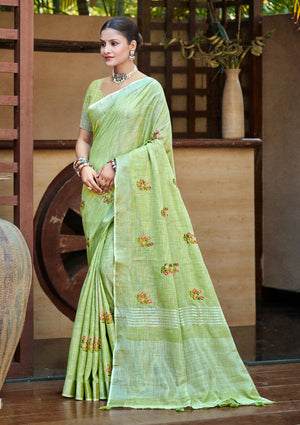 Olive Green Linen Sarees With Blouse Piece