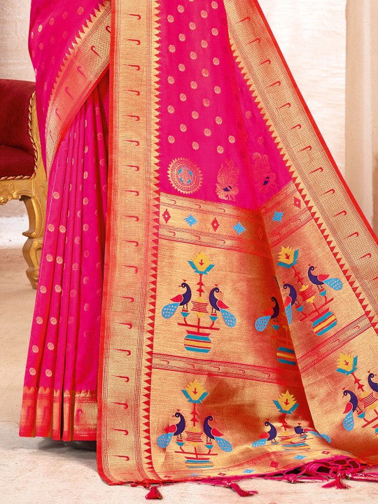 Magenta Paithani Silk Saree With Blouse Piece Magenta Paithani Silk Saree With Blouse Piece