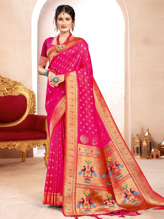 Magenta Paithani Silk Saree With Blouse Piece Magenta Paithani Silk Saree With Blouse Piece