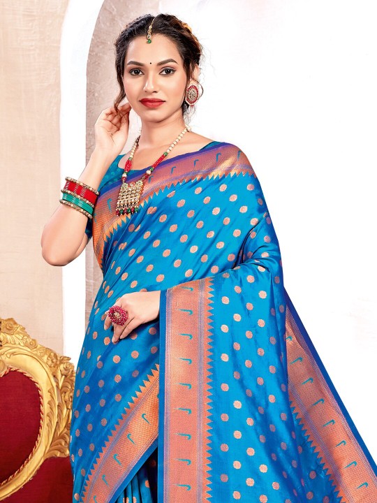 Blue Paithani Silk Saree With Blouse Piece Blue Paithani Silk Saree With Blouse Piece