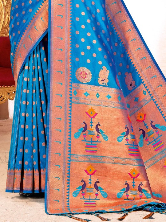 Blue Paithani Silk Saree With Blouse Piece Blue Paithani Silk Saree With Blouse Piece