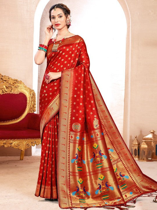 Red Paithani Silk Saree With Blouse Piece Red Paithani Silk Saree With Blouse Piece