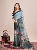 Sky Linen Blend Saree With Blouse Piece Sky Linen Blend Saree With Blouse Piece