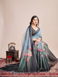 Sky Linen Blend Saree With Blouse Piece Sky Linen Blend Saree With Blouse Piece