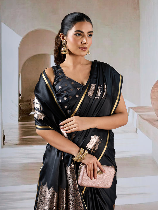 Black Pure Satin Handloom Weaving Silk Saree With Blouse Piece Black Pure Satin Handloom Weaving Silk Saree With Blouse Piece