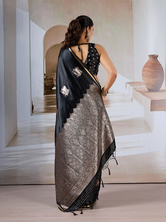 Black Pure Satin Handloom Weaving Silk Saree With Blouse Piece Black Pure Satin Handloom Weaving Silk Saree With Blouse Piece