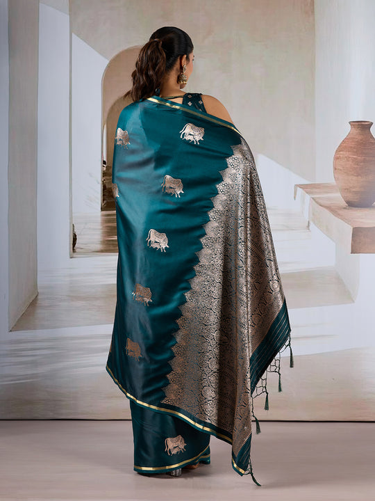 Dark Green Pure Satin Handloom Weaving Silk Saree With Blouse Piece Dark Green Pure Satin Handloom Weaving Silk Saree With Blouse Piece